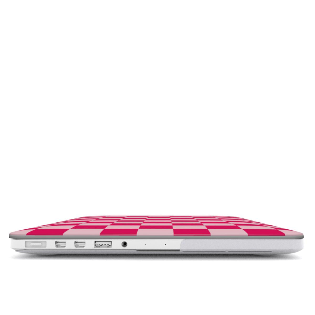 Cherry Checkerboard MacBook case — hard-shell laptop cover, side view with ports