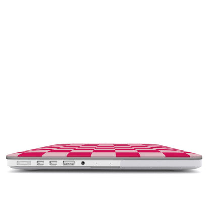 Cherry Checkerboard MacBook case — hard-shell laptop cover, side view with ports