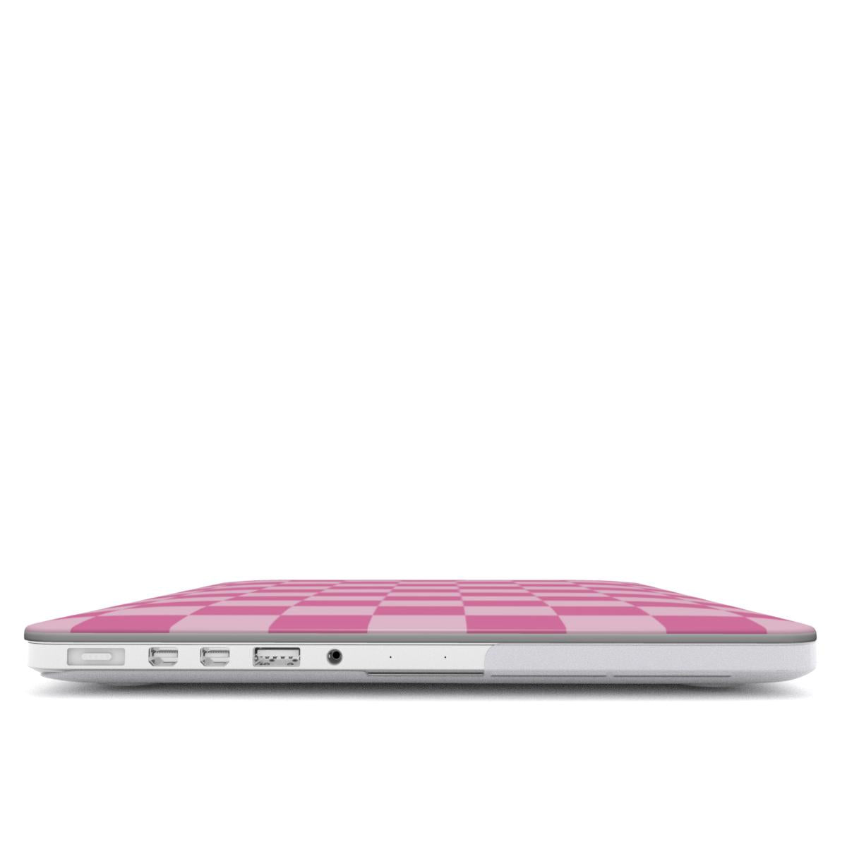 Pink Checkerboard MacBook case — hard-shell laptop cover, side view with ports