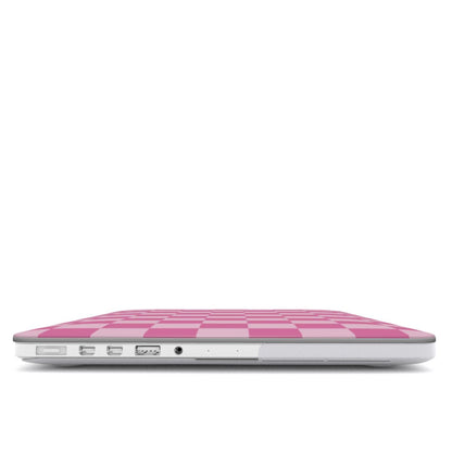 Pink Checkerboard MacBook case — hard-shell laptop cover, side view with ports