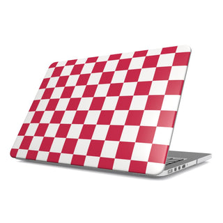 Red & White Checkerboard MacBook case — hard-shell laptop cover, angled lid view