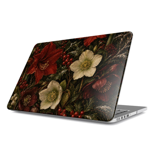 Winter Amaryllis MacBook case — hard-shell laptop cover, angled lid view