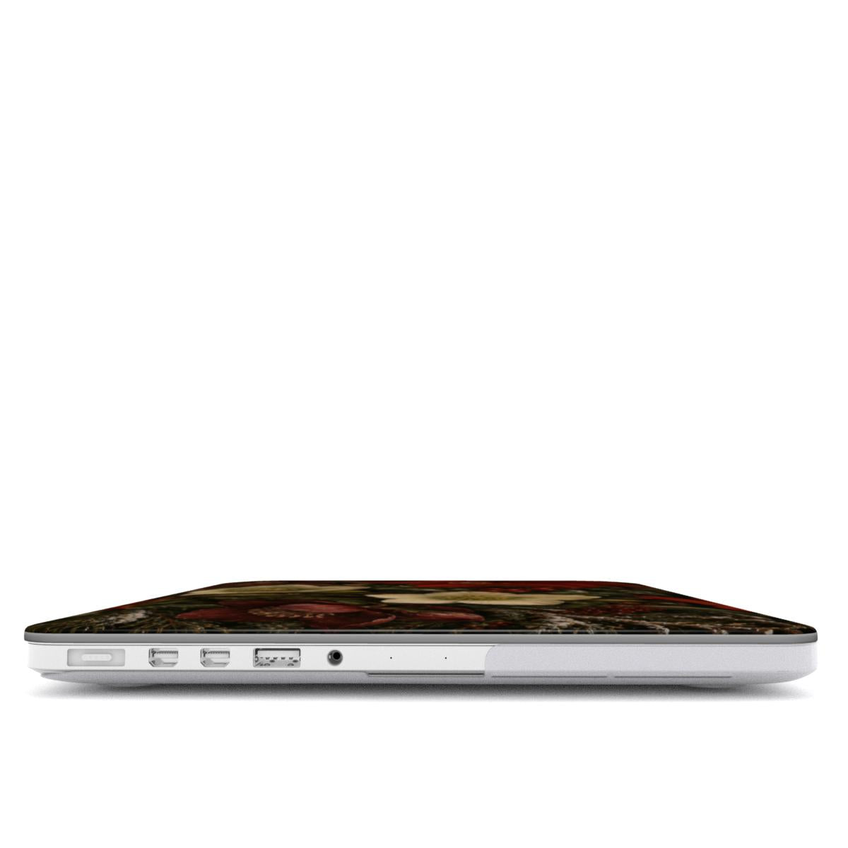 Winter Amaryllis MacBook case — hard-shell laptop cover, side view with ports