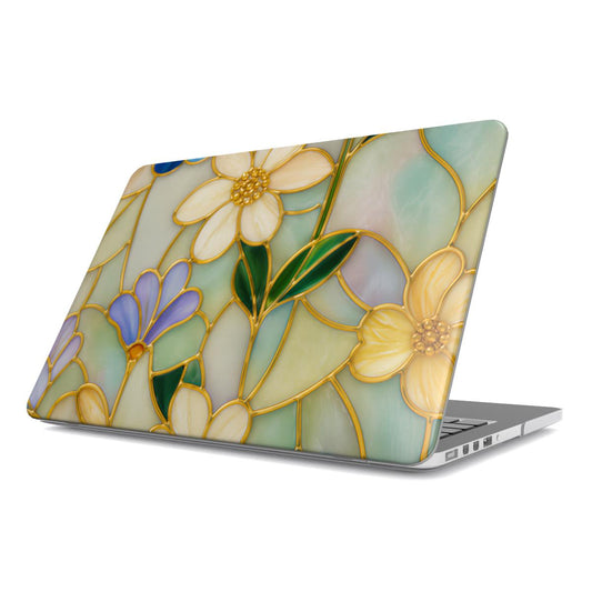 Stained Glass Floral MacBook case — hard-shell laptop cover, angled lid view