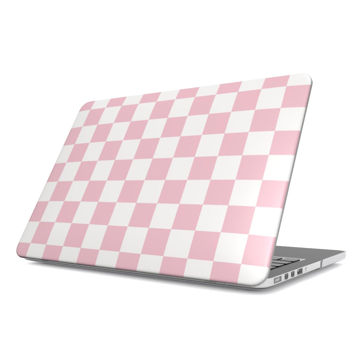 Pink & White Checkerboard MacBook case — hard-shell laptop cover, angled lid view