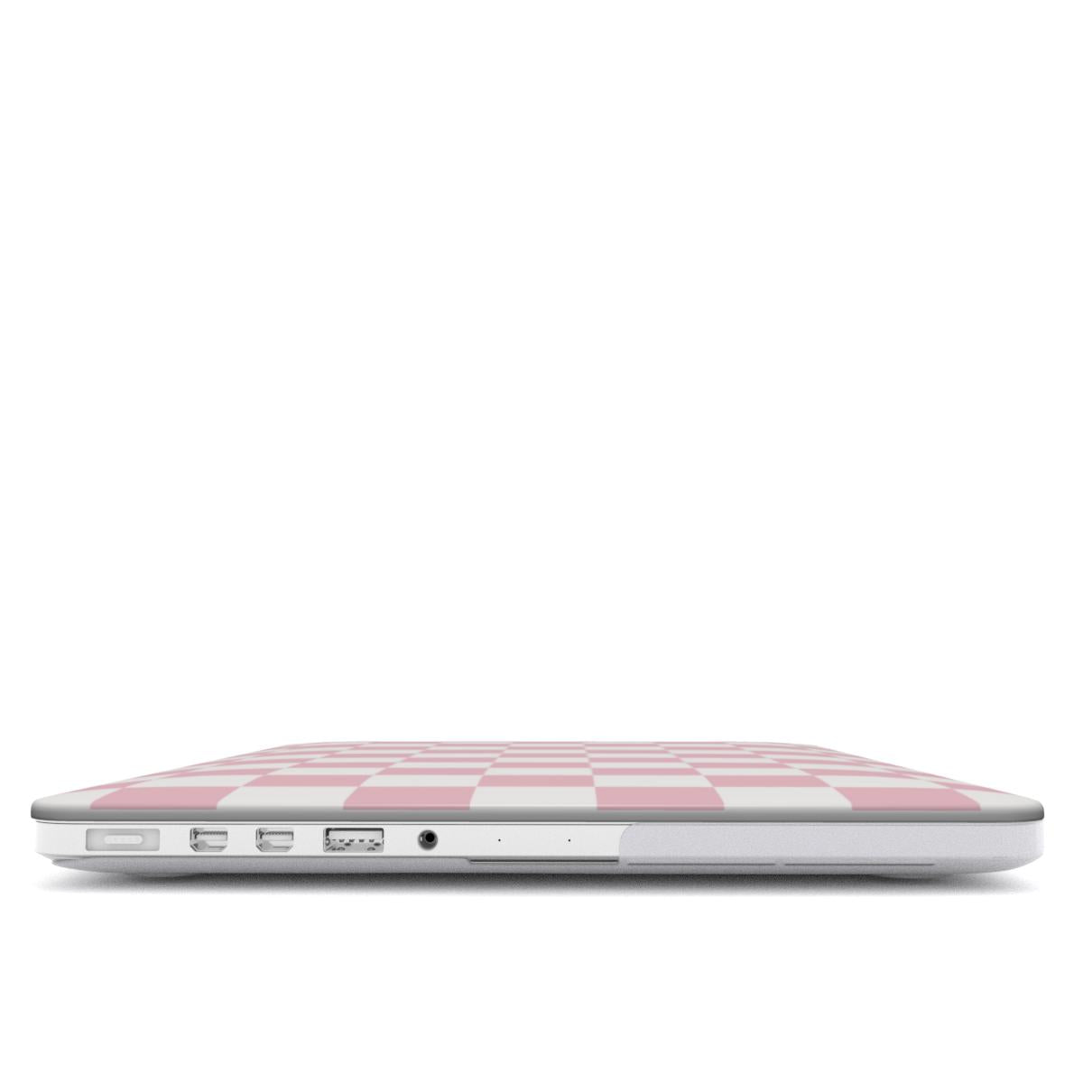 Pink & White Checkerboard MacBook case — hard-shell laptop cover, side view with ports