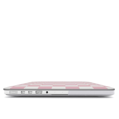 Pink & White Checkerboard MacBook case — hard-shell laptop cover, side view with ports