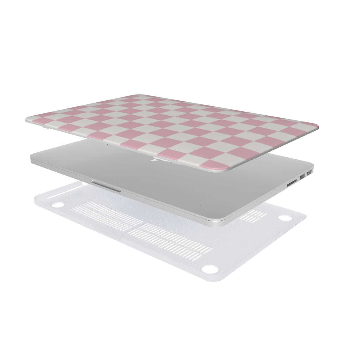 Pink & White Checkerboard MacBook case — hard-shell laptop cover, two-piece shell view