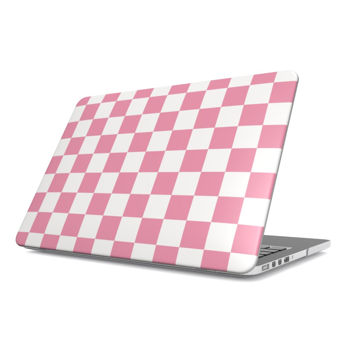Rose & White Checkerboard MacBook case — hard-shell laptop cover, angled lid view