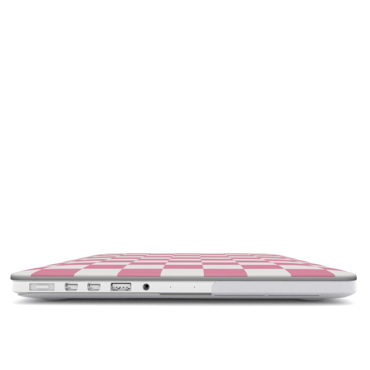 Rose & White Checkerboard MacBook case — hard-shell laptop cover, side view with ports