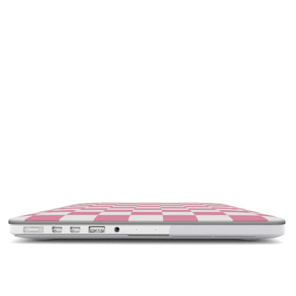 Rose & White Checkerboard MacBook case — hard-shell laptop cover, side view with ports