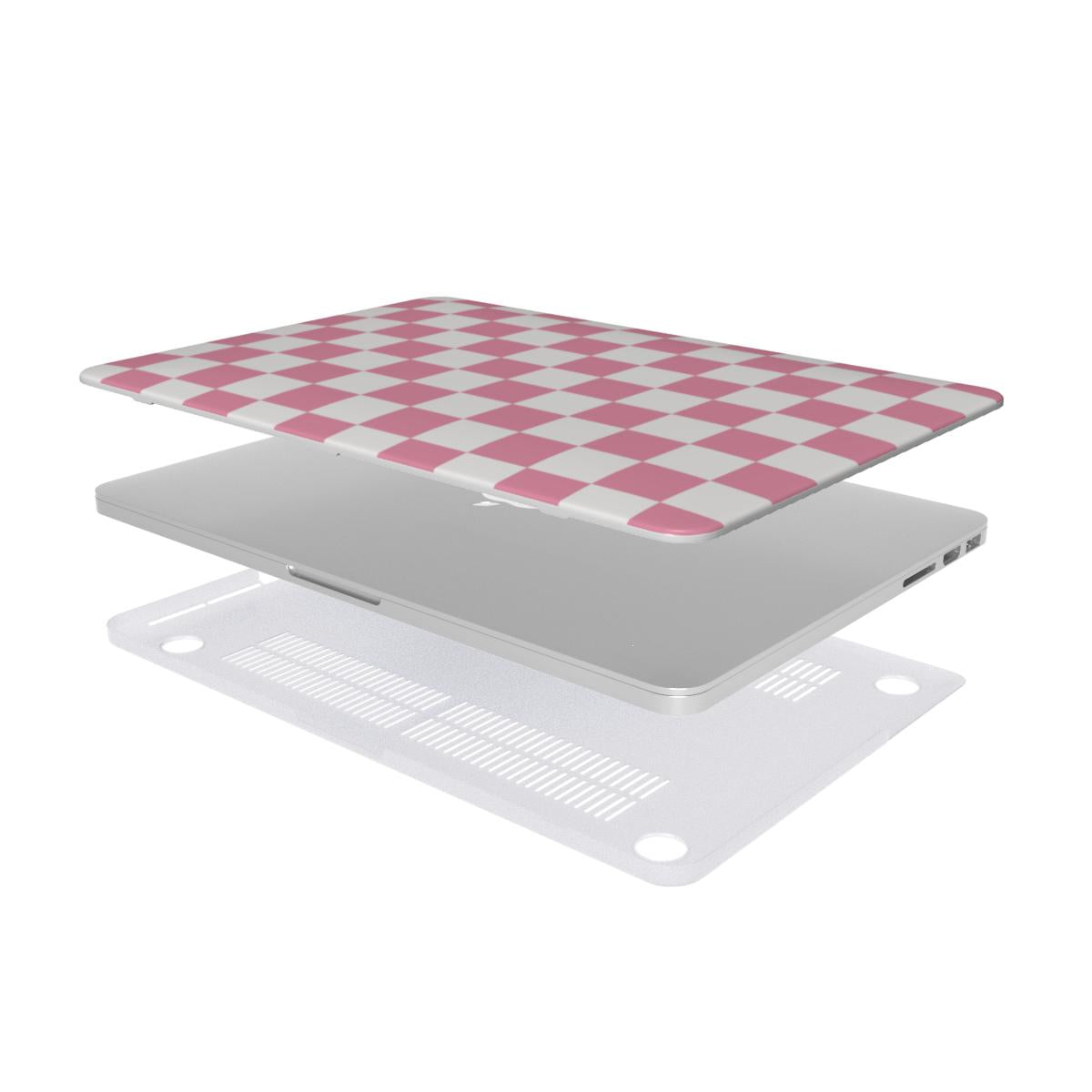 Rose & White Checkerboard MacBook case — hard-shell laptop cover, two-piece shell view