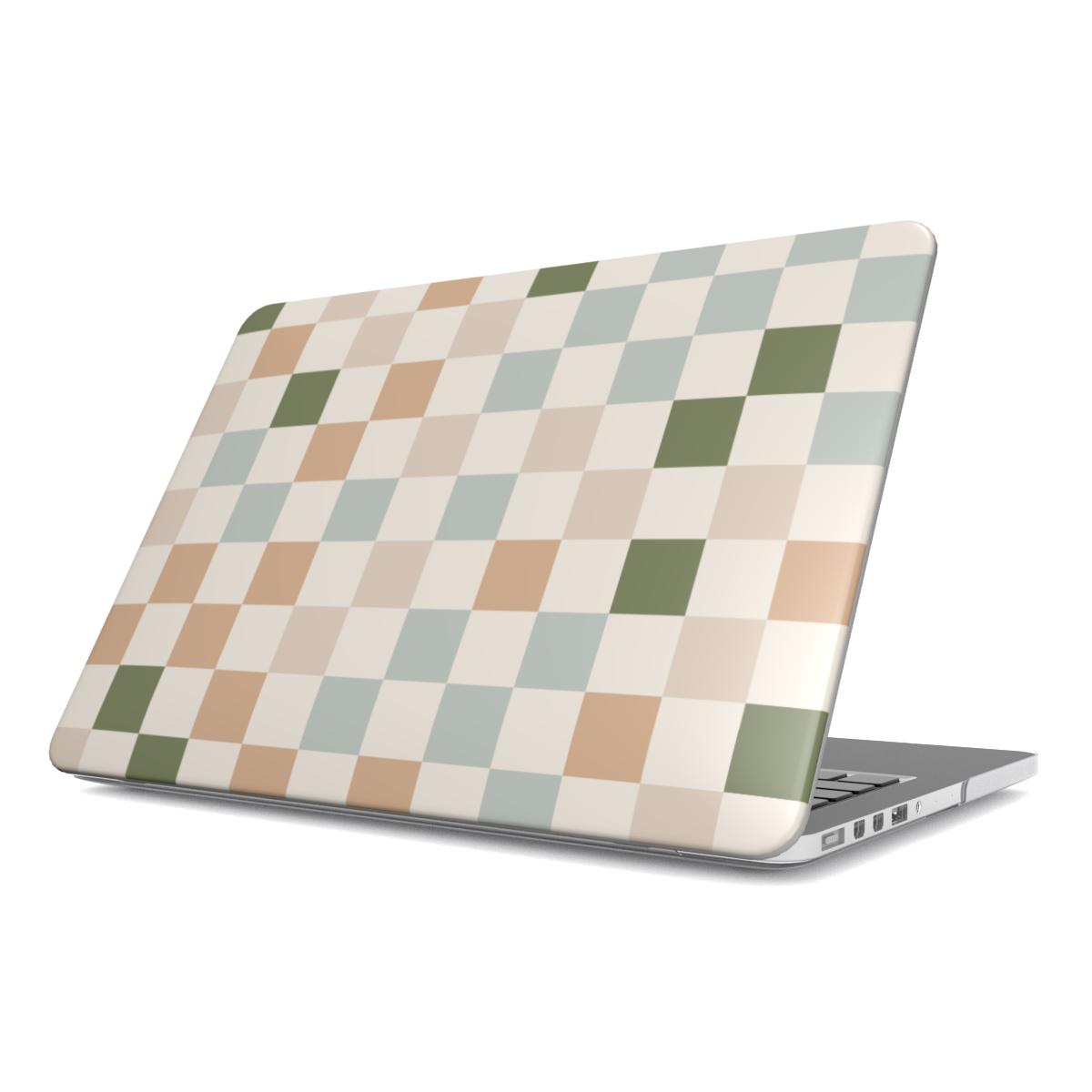 Muted Checkerboard MacBook case — hard-shell laptop cover, angled lid view