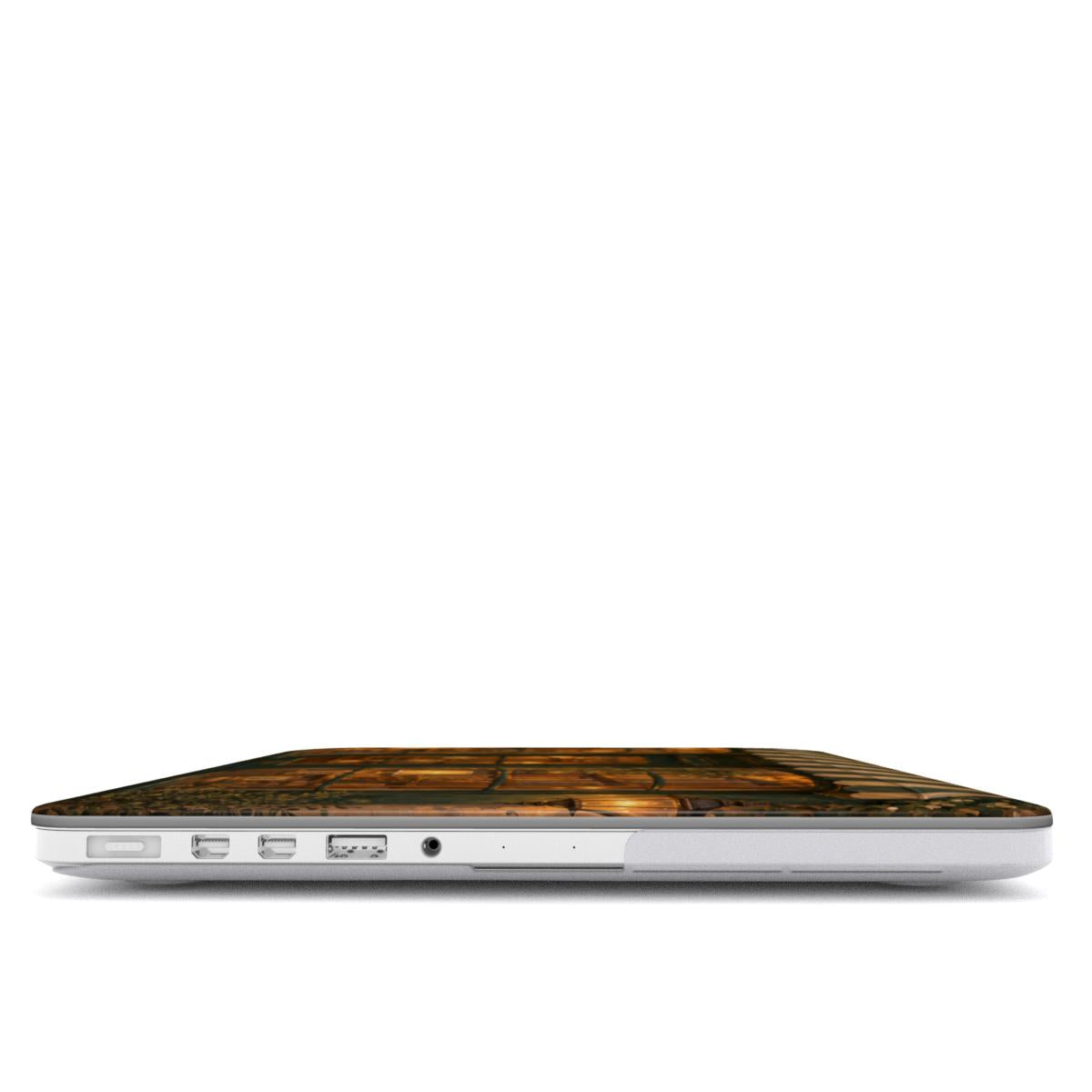 Bookshop at Dusk MacBook case — hard-shell laptop cover, side view with ports