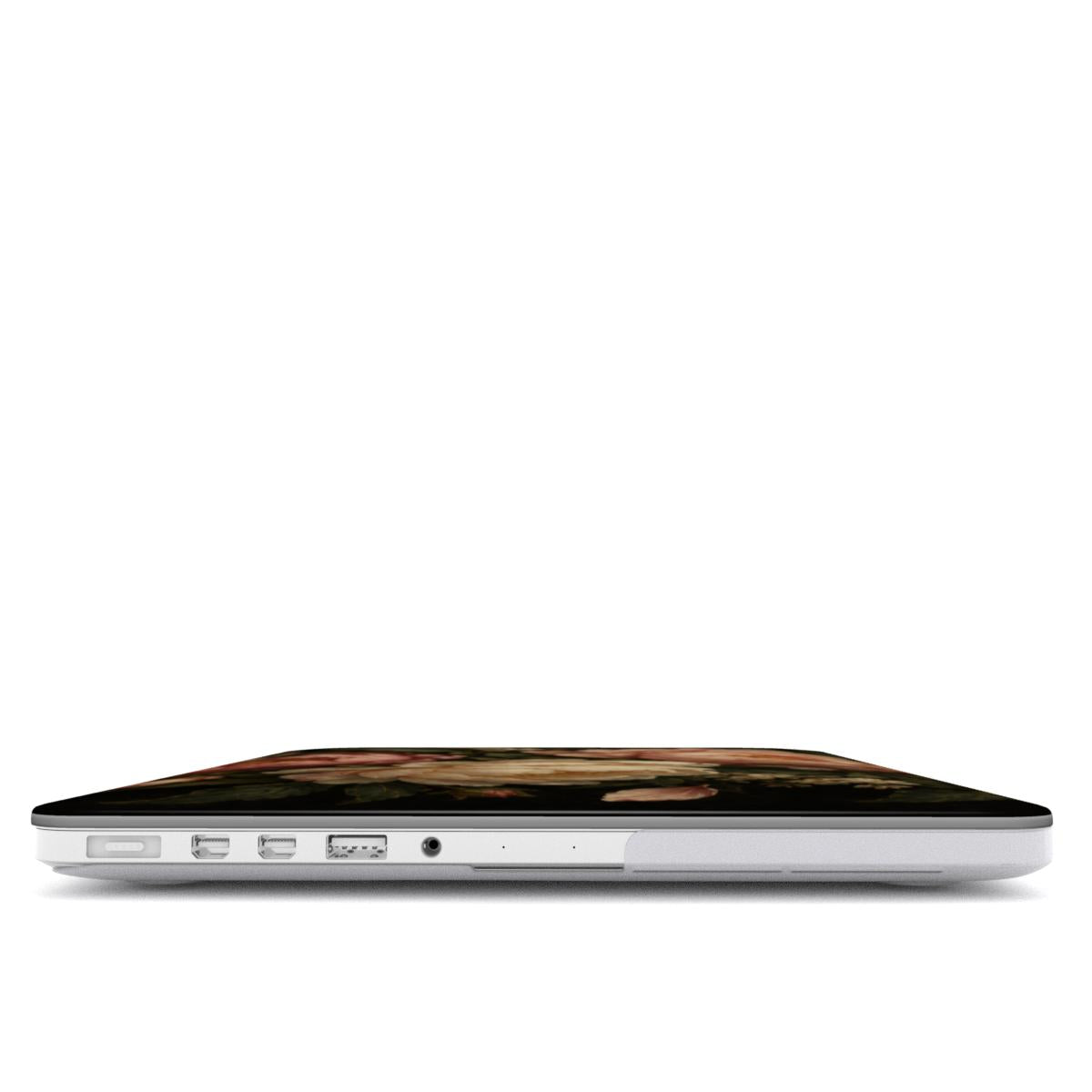 Blush Peony Nocturne MacBook case — hard-shell laptop cover, side view with ports