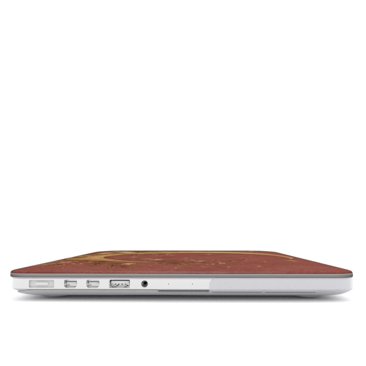Dusty Rose Crescent Moon MacBook case — hard-shell laptop cover, side view with ports