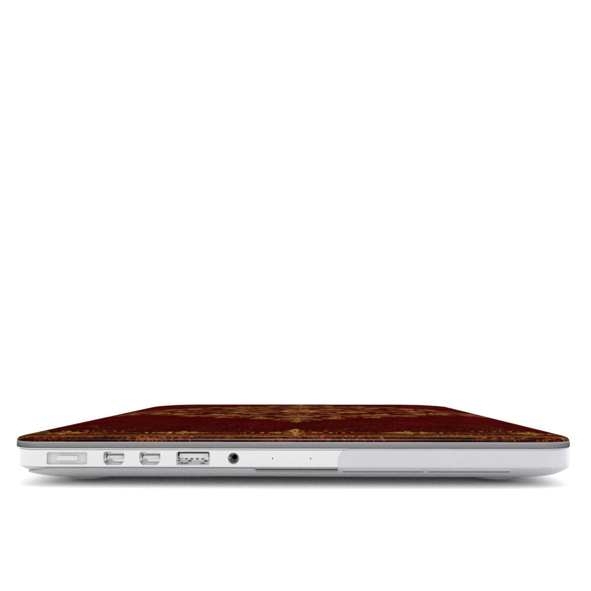 Oxblood Gilded Binding MacBook case — hard-shell laptop cover, side view with ports