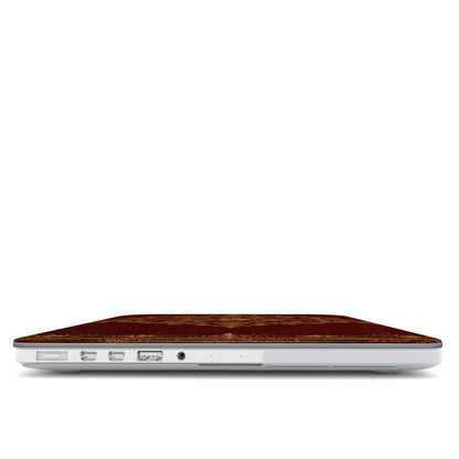 Oxblood Gilded Binding MacBook case — hard-shell laptop cover, side view with ports