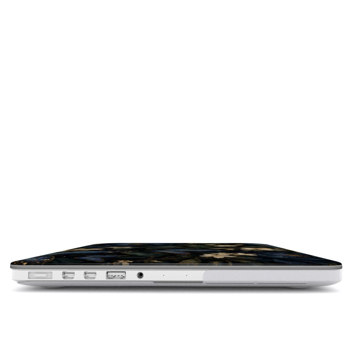 Blue Butterfly Night Garden MacBook case — hard-shell laptop cover, side view with ports