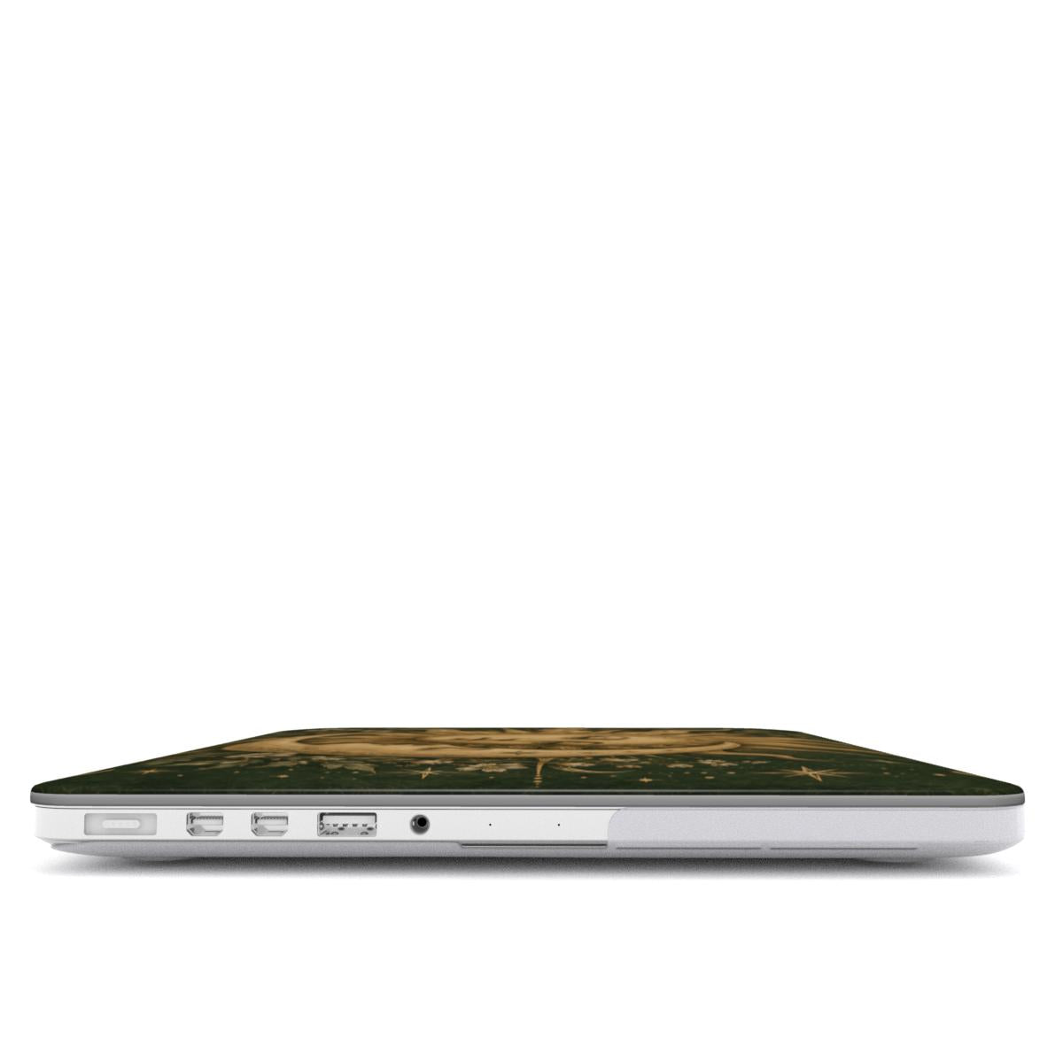 Sage Sun & Moon MacBook case — hard-shell laptop cover, side view with ports
