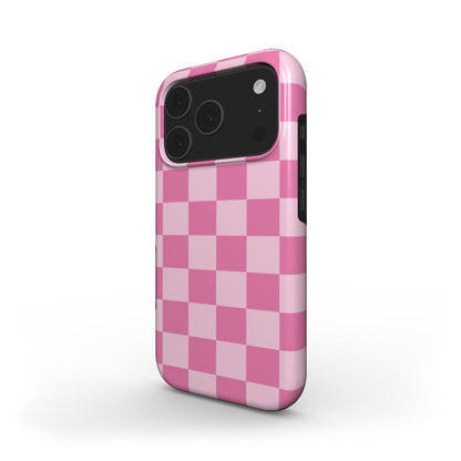 Pink Checkerboard phone case – MagSafe iPhone case, angled view