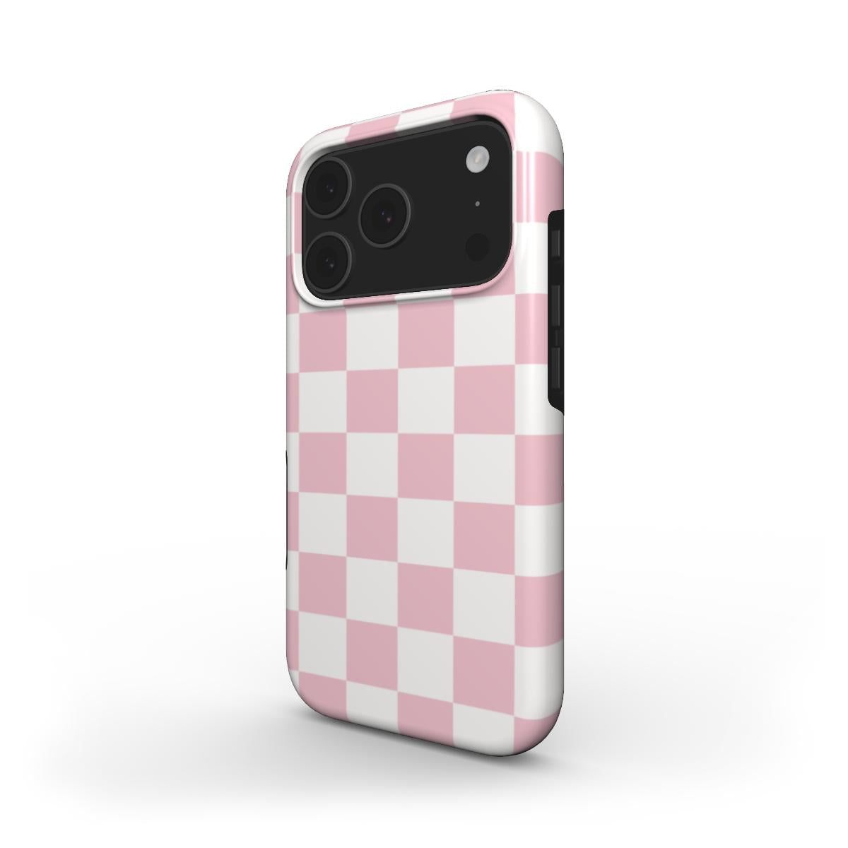 Pink & White Checkerboard phone case – MagSafe iPhone case, angled view