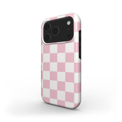 Pink & White Checkerboard phone case – MagSafe iPhone case, angled view