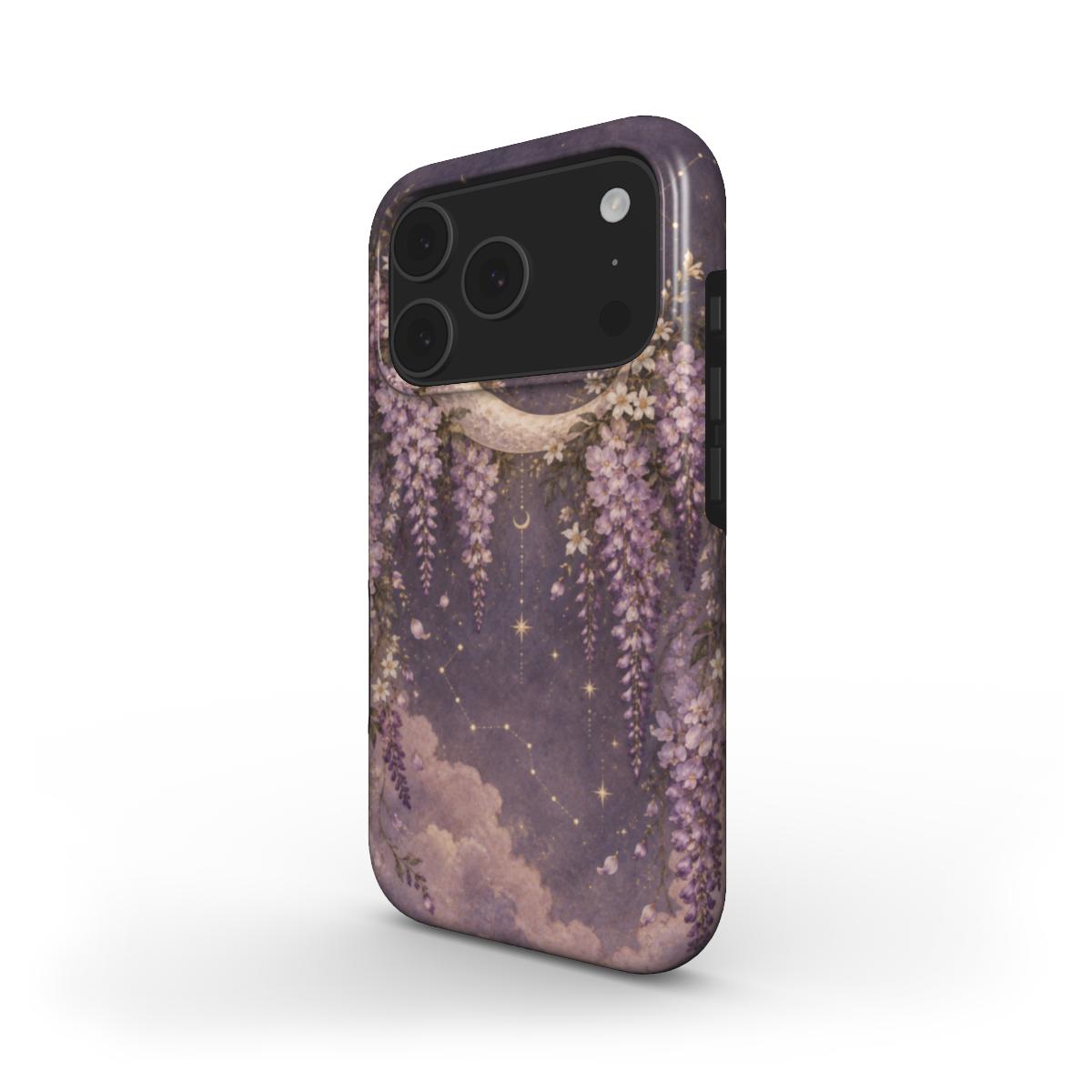 Lavender Moon Garden phone case — MagSafe iPhone case, angled view