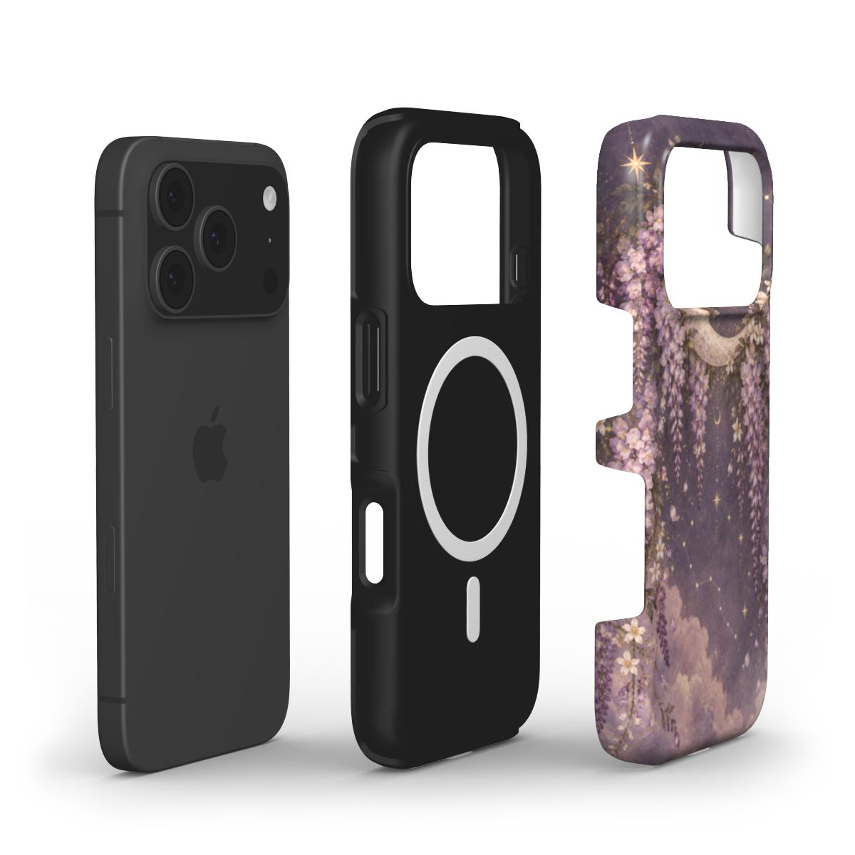Lavender Moon Garden phone case — MagSafe iPhone case, shell and liner views