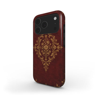 Oxblood Gilded Binding phone case — MagSafe iPhone case, angled view