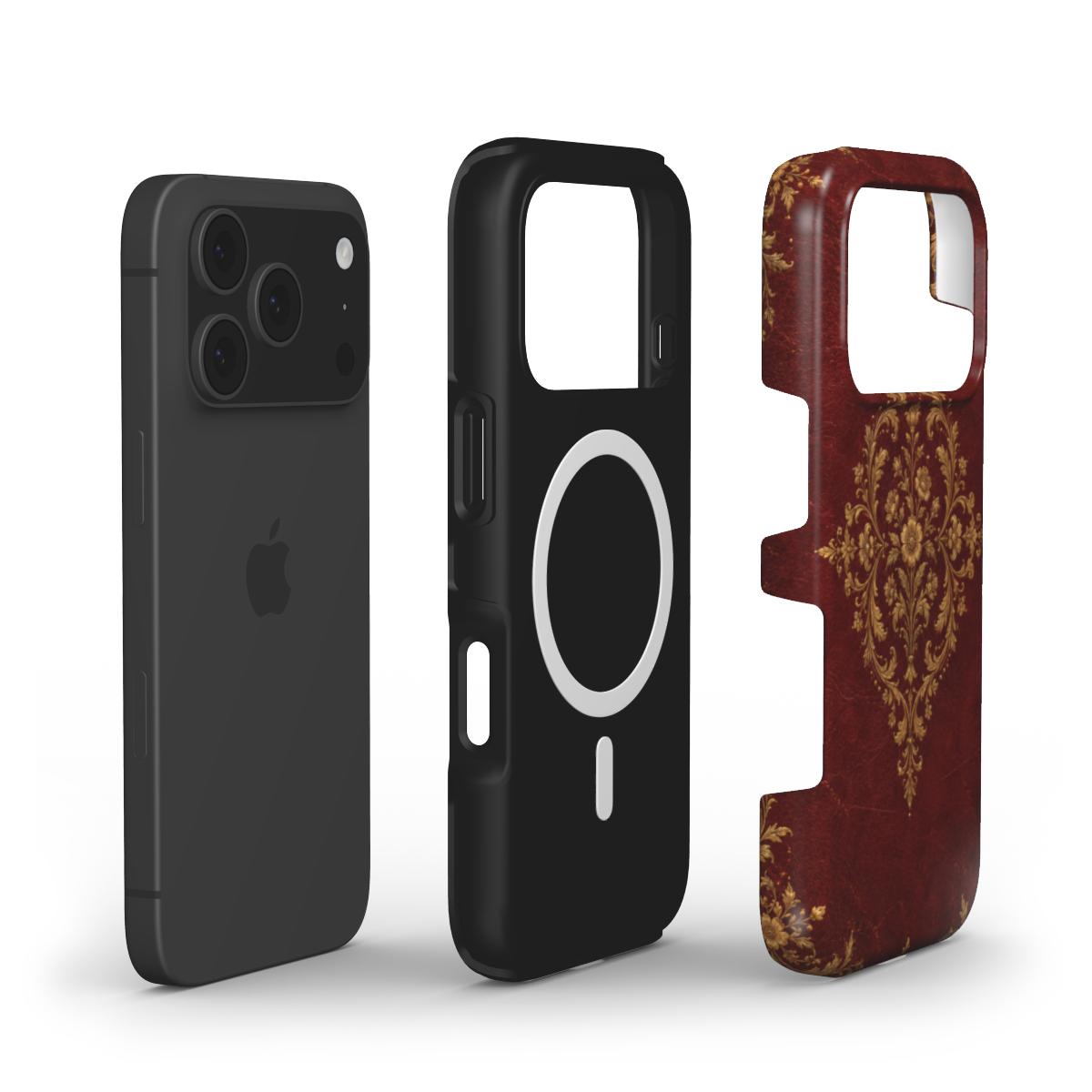 Oxblood Gilded Binding phone case — MagSafe iPhone case, shell and liner views
