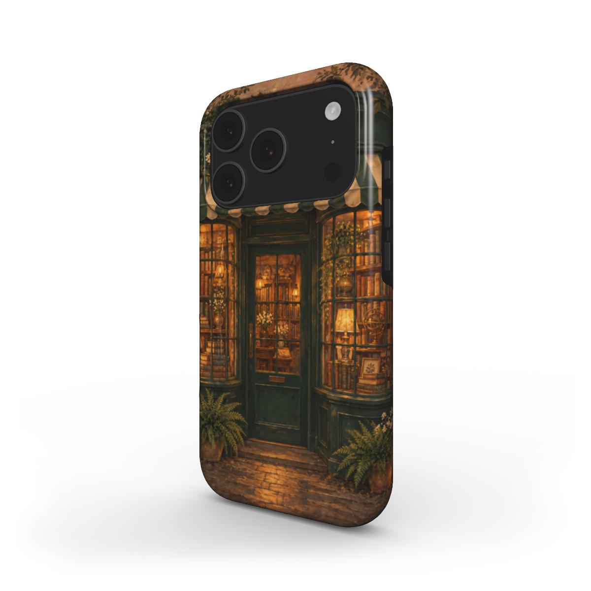 Bookshop at Dusk phone case — MagSafe iPhone case, angled view