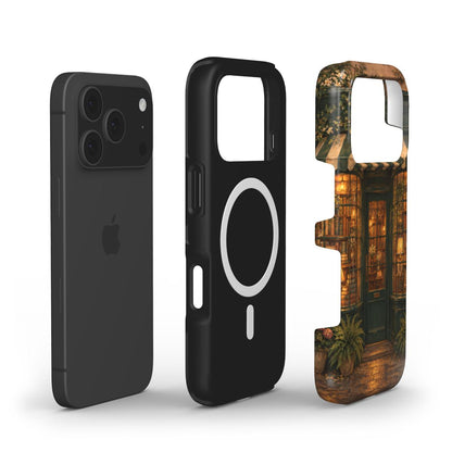 Bookshop at Dusk phone case — MagSafe iPhone case, shell and liner views