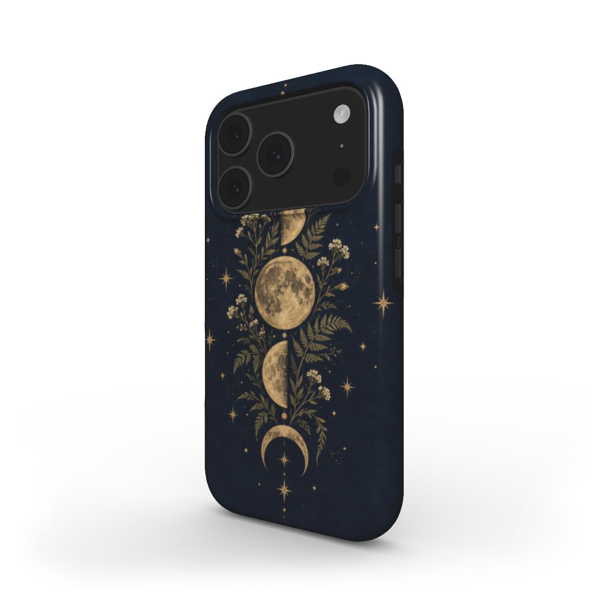 Midnight Moon Phases phone case — MagSafe iPhone case, angled view