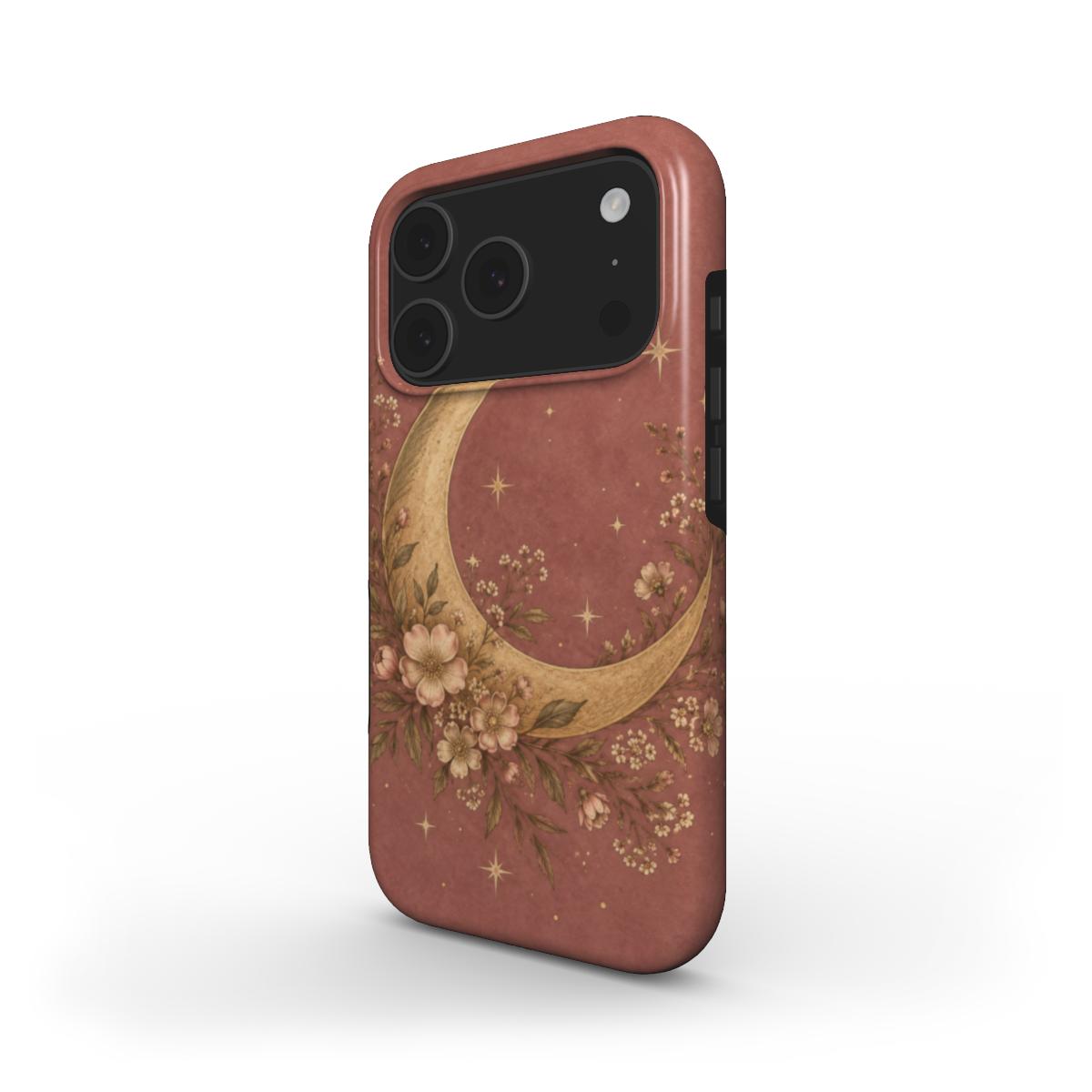 Dusty Rose Crescent Moon phone case — MagSafe iPhone case, angled view