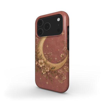 Dusty Rose Crescent Moon phone case — MagSafe iPhone case, angled view