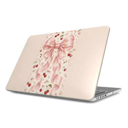 Satin Bow & Cherries MacBook case — hard-shell laptop cover, angled lid view