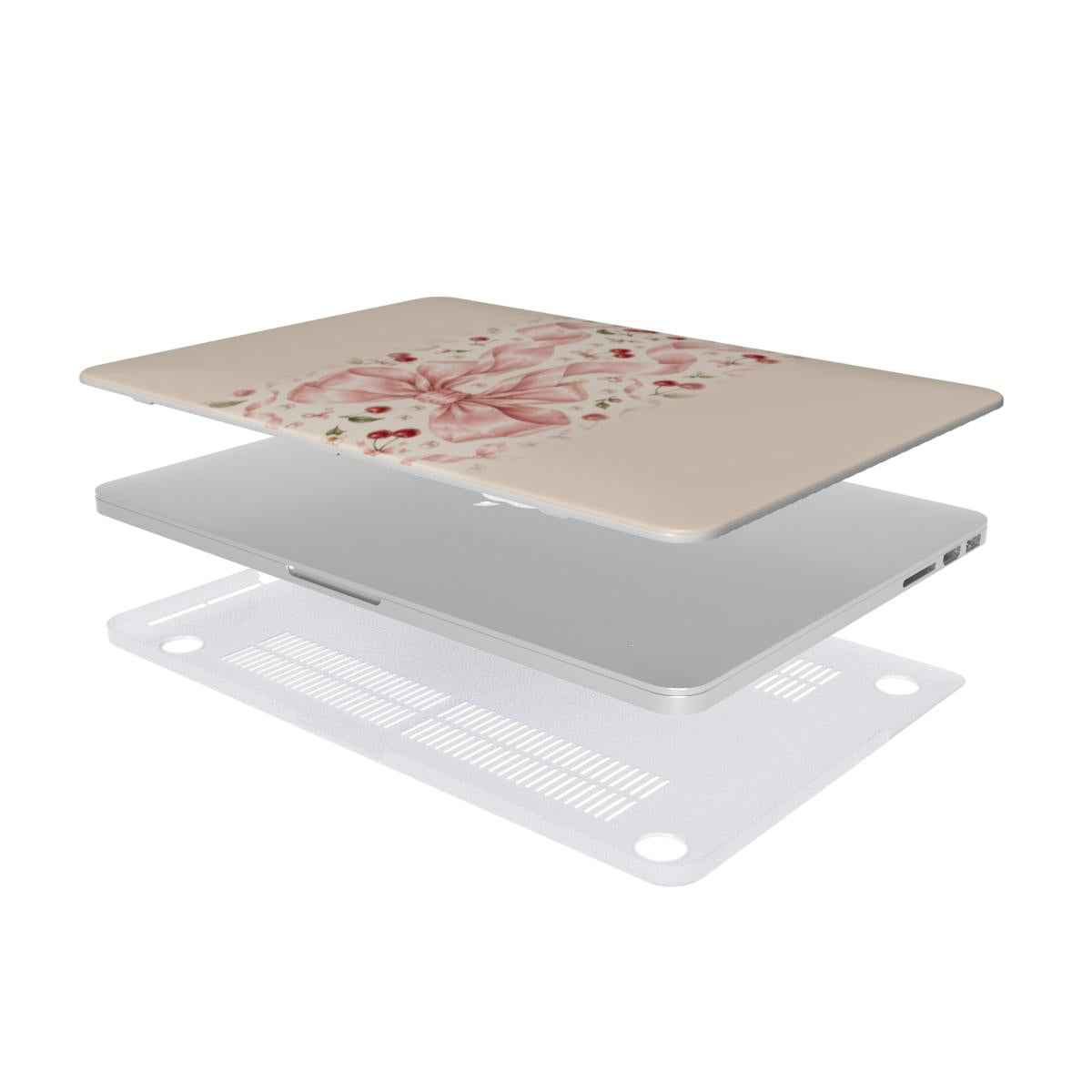 Satin Bow & Cherries MacBook case — hard-shell laptop cover, two-piece shell view