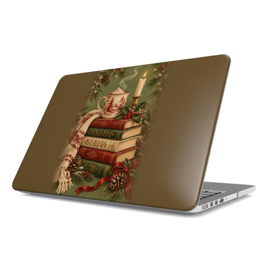 Christmas Book Stack MacBook case — hard-shell laptop cover, angled lid view