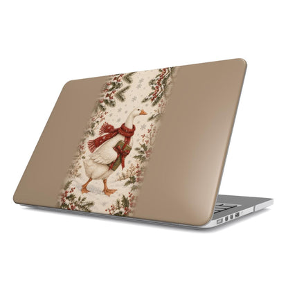 Christmas Goose MacBook case — hard-shell laptop cover, angled lid view