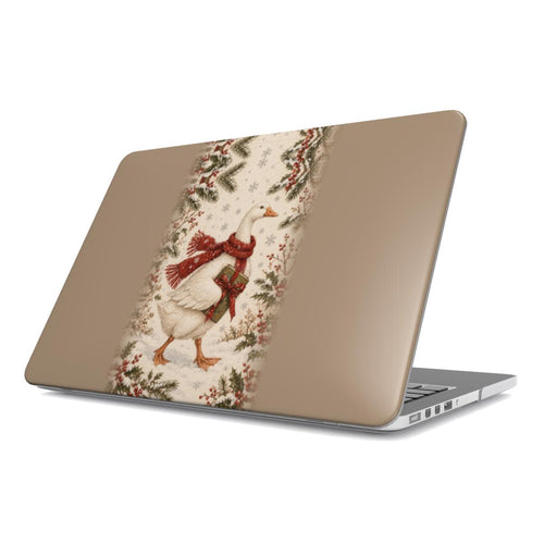 Christmas Goose MacBook case — hard-shell laptop cover, angled lid view