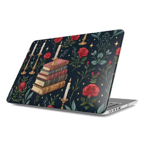 Candlelit Library MacBook case — hard-shell laptop cover, angled lid view