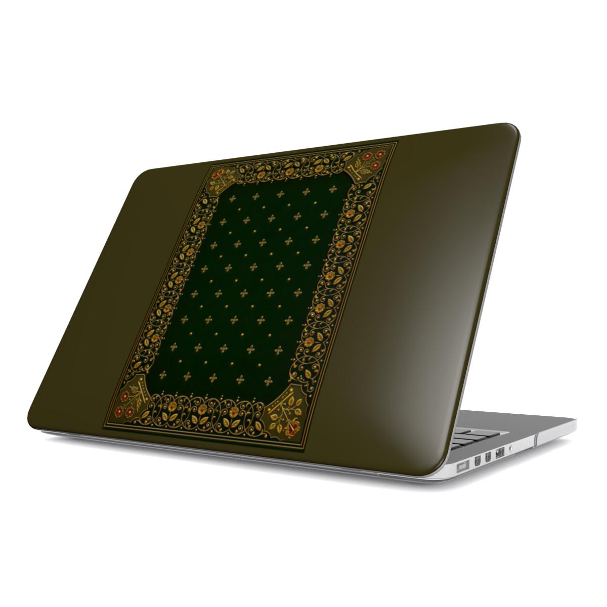 Gilded Antique Binding MacBook case — hard-shell laptop cover, angled lid view