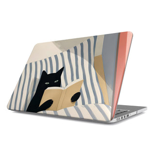 Reading Cat in Bed MacBook case — hard-shell laptop cover, angled lid view