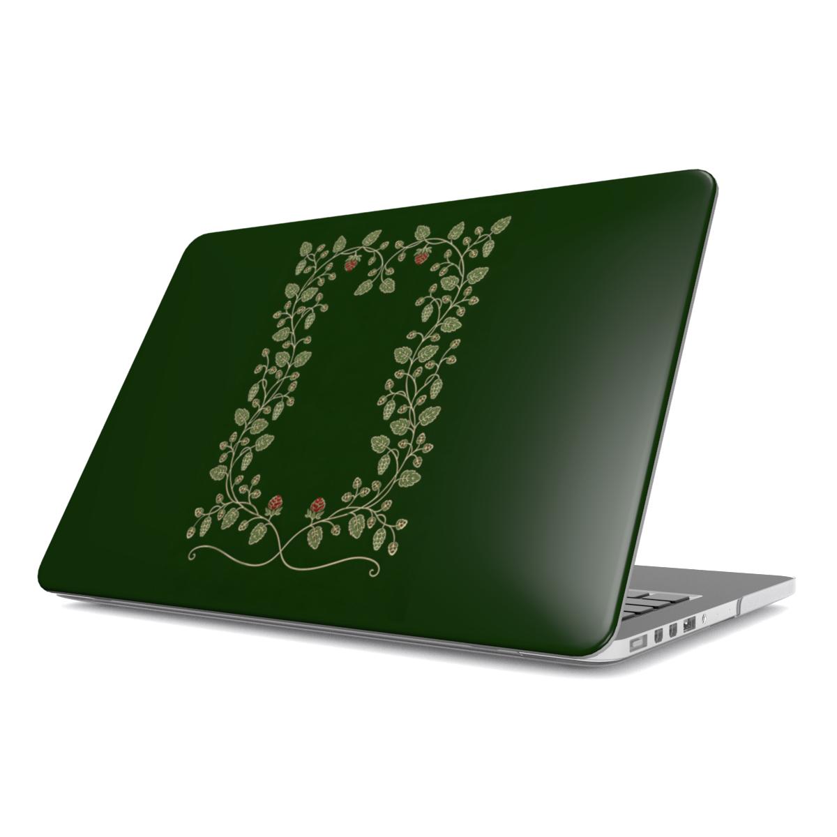 Hop Vine Wreath MacBook case — hard-shell laptop cover, angled lid view