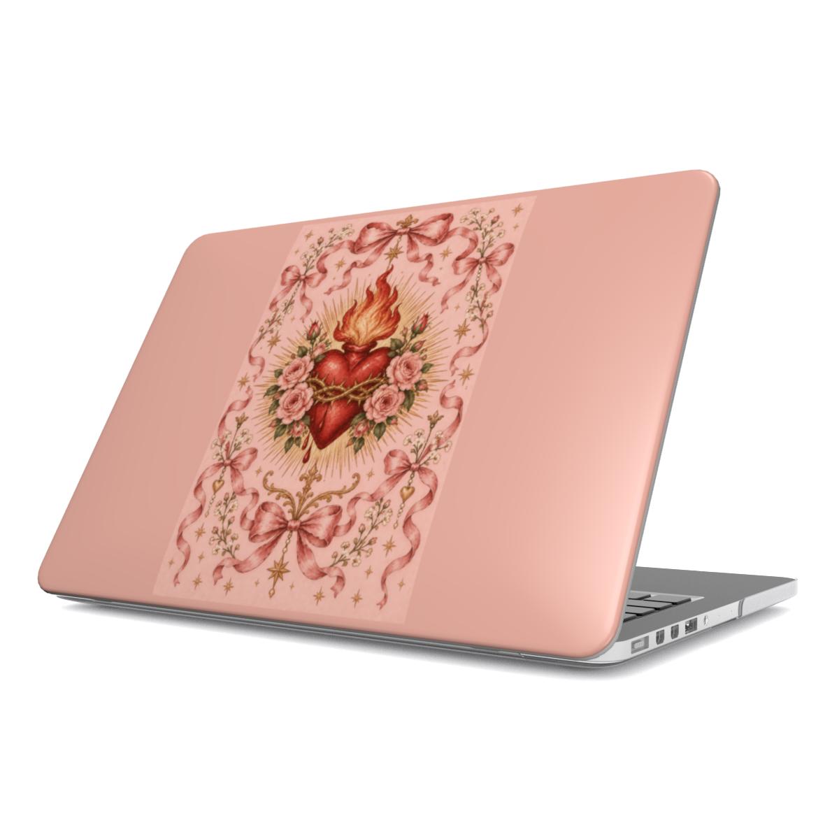Rose Sacred Heart MacBook case — hard-shell laptop cover, angled lid view