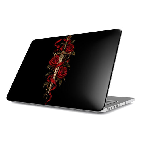 Dagger & Roses MacBook case — hard-shell laptop cover, angled lid view