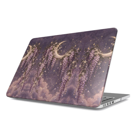 Lavender Moon Garden MacBook case — hard-shell laptop cover, angled lid view