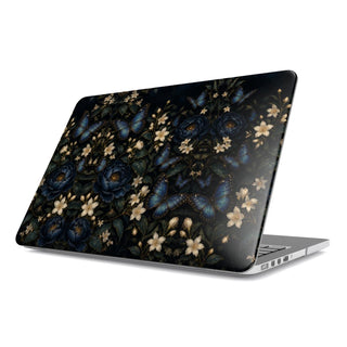 Blue Butterfly Night Garden MacBook case — hard-shell laptop cover, angled lid view