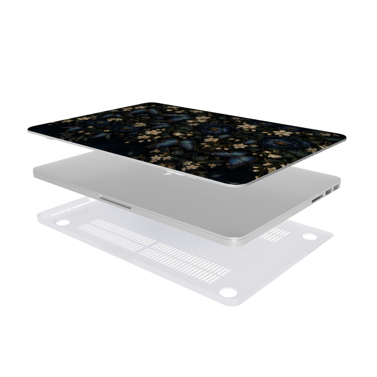 Blue Butterfly Night Garden MacBook case — hard-shell laptop cover, two-piece shell view